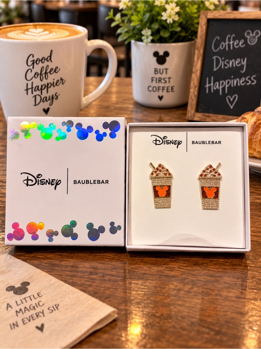Disney BaubleBar Mickey Mouse Coffee Cup Crystal Earrings NEW